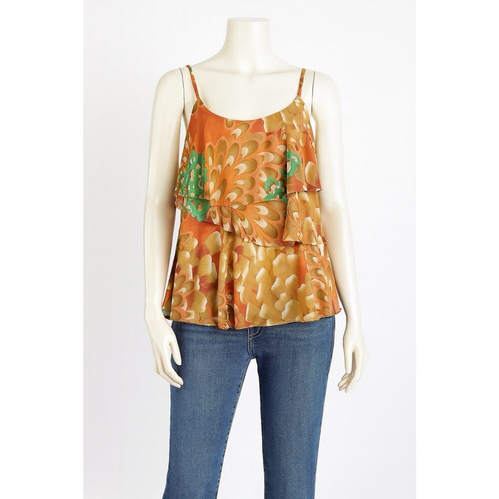 Forever 21 L Layered Chiffon Tank Top Abstract Retro Print Orange Green Lined
